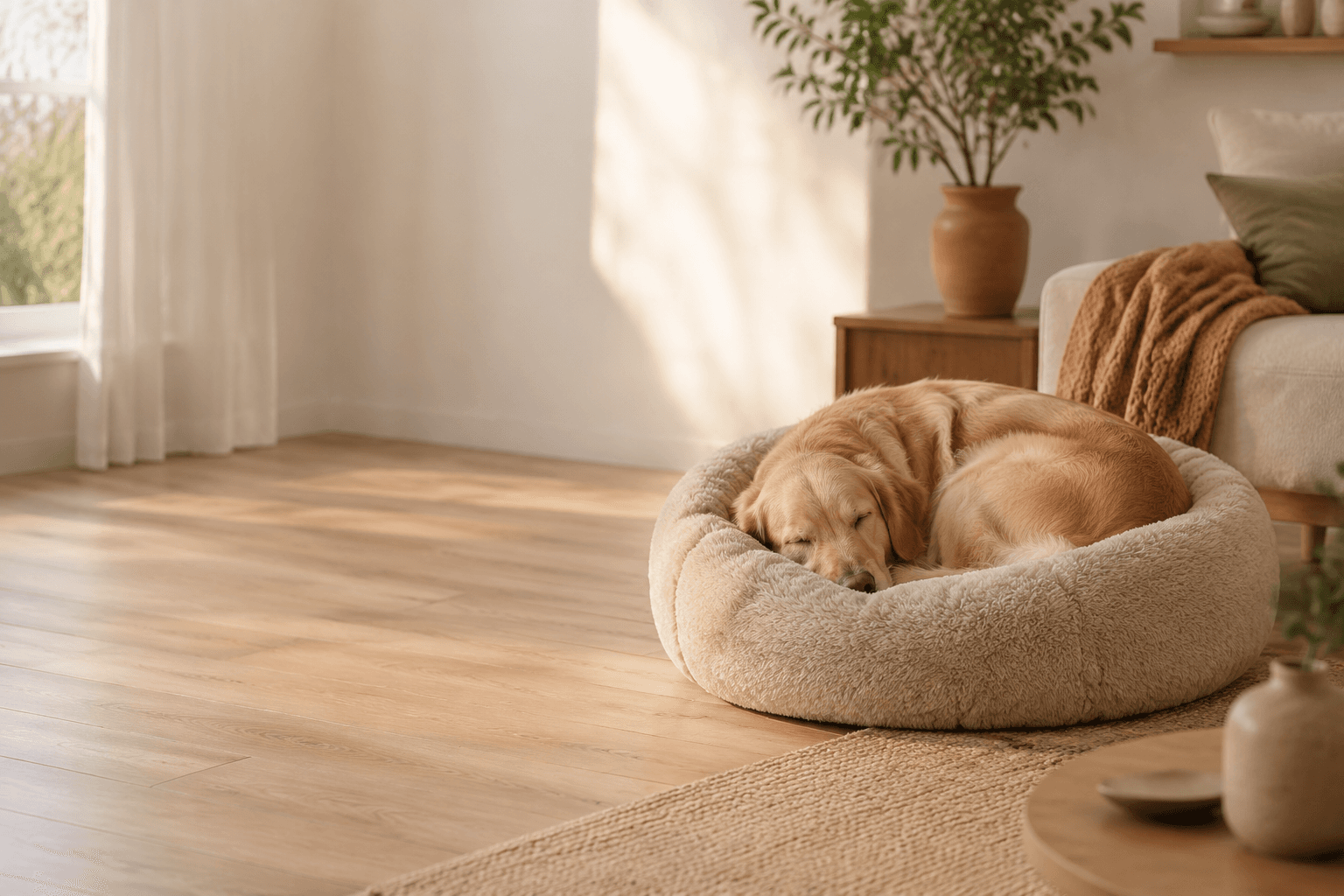 A dog curled up in a soft oatmeal-colored bed